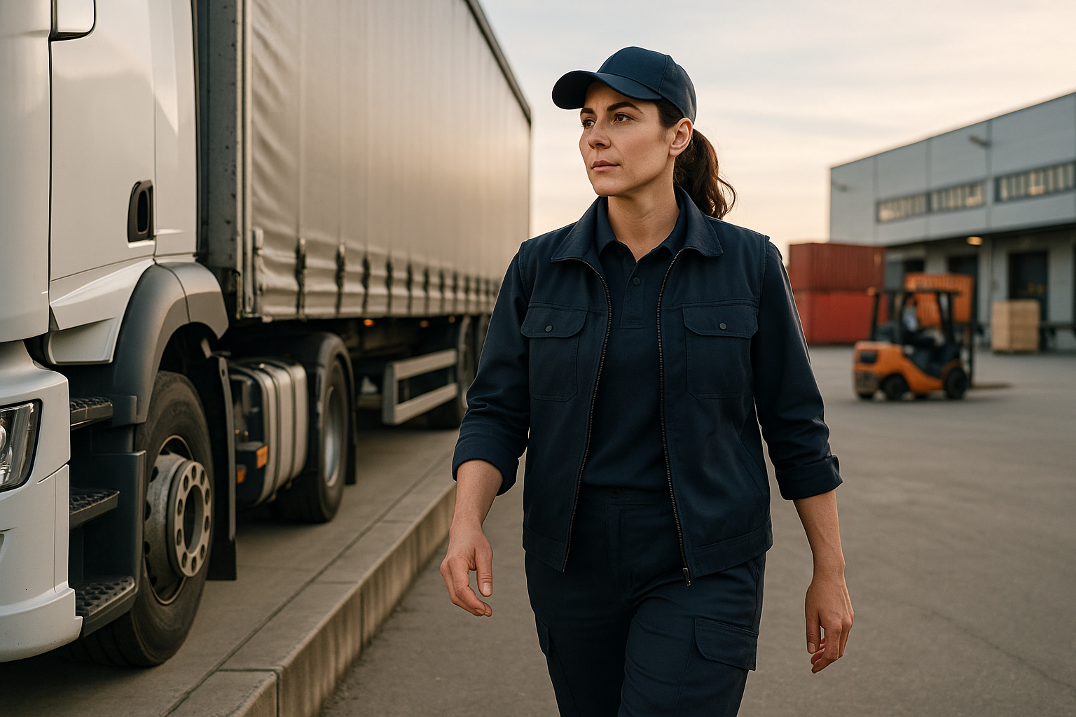 Tehergépkocsi-sofőrök logisztikai központban modern munkaruhában, profilképen