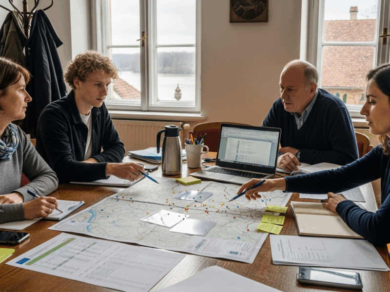 vállalkozásélénkítési stratégia megbeszélés térképpel, szakemberek a Dunakanyar ablakánál