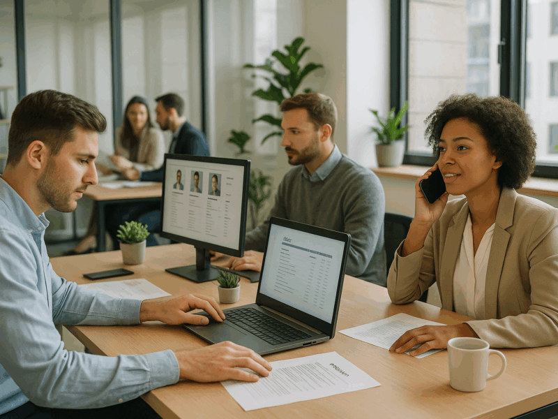 Belföldi munkaerő toborzás profi csapat modern irodában, együttműködés.