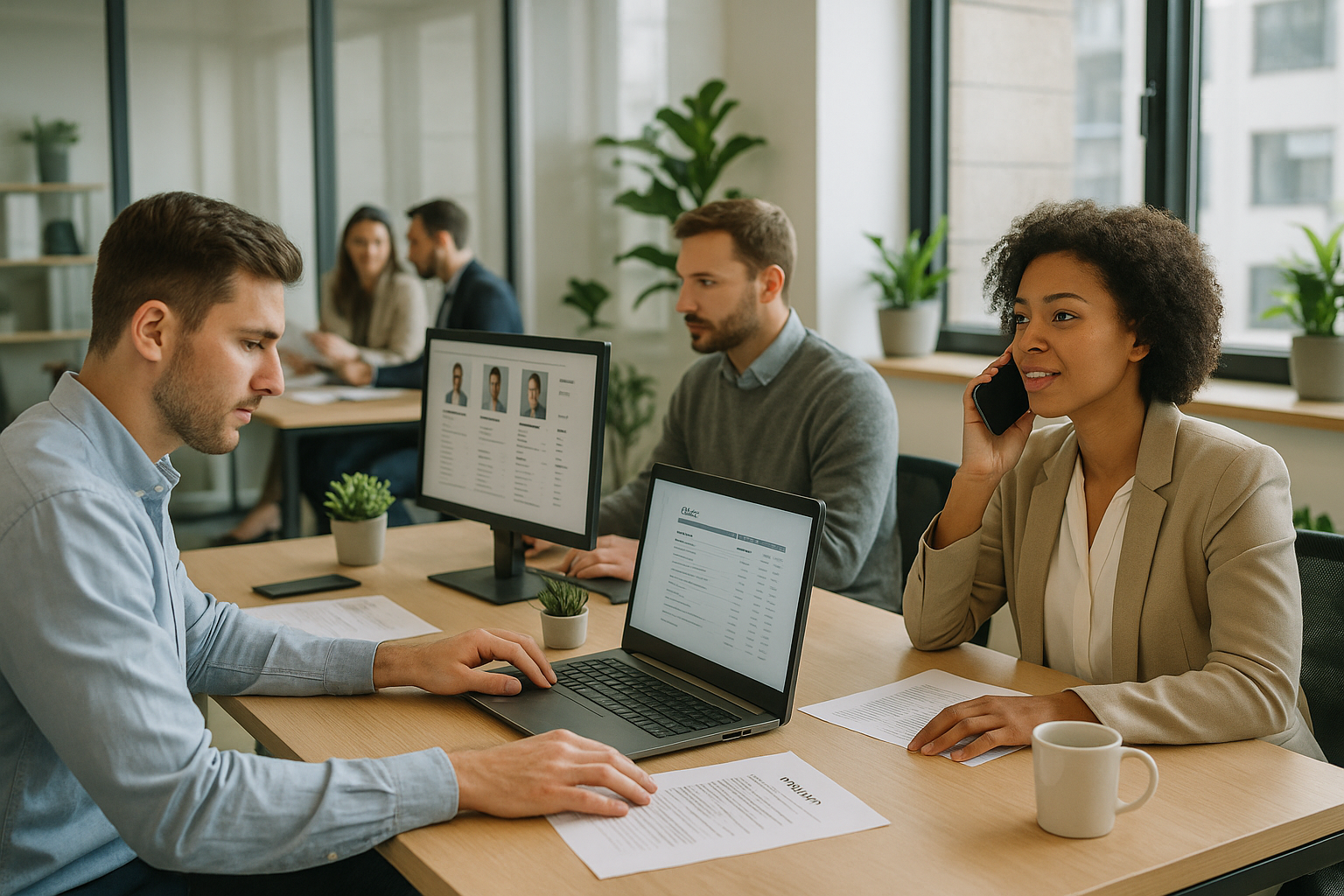 Belföldi munkaerő toborzás profi csapat modern irodában, együttműködés.