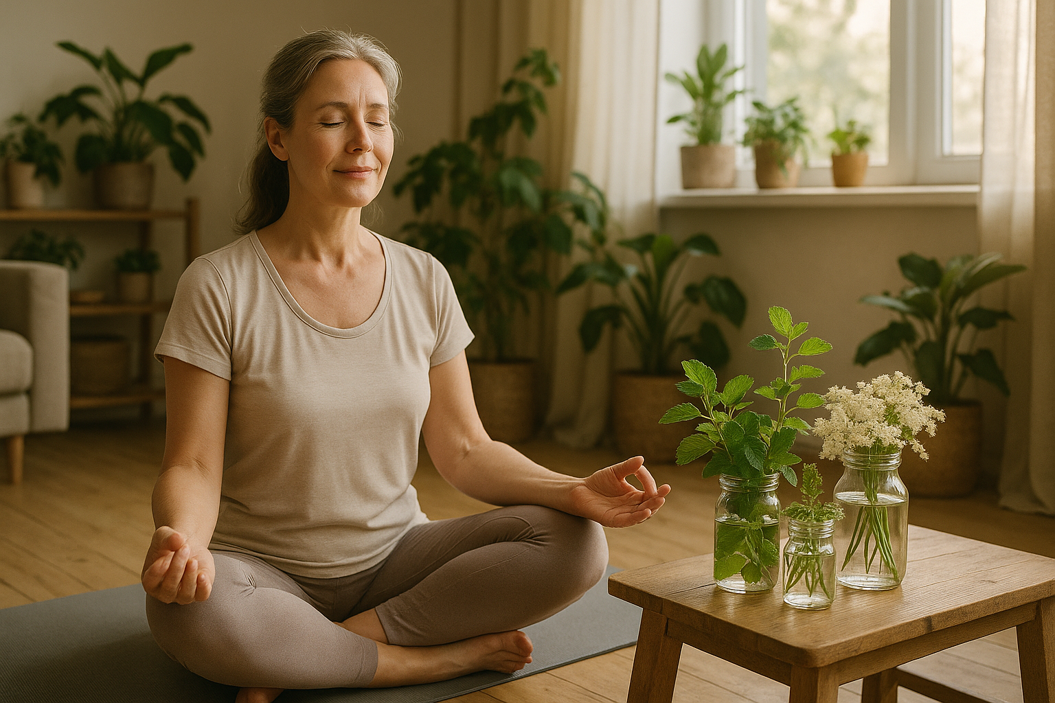 Középkorú nő jógázik nyugodtan, gyógynövényekkel a menopauza kezelése érdekében.