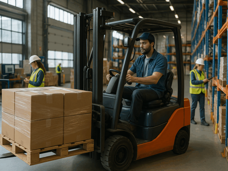 Targoncás munkák modern raktárban, precíz anyagmozgatás elektromos targoncával.