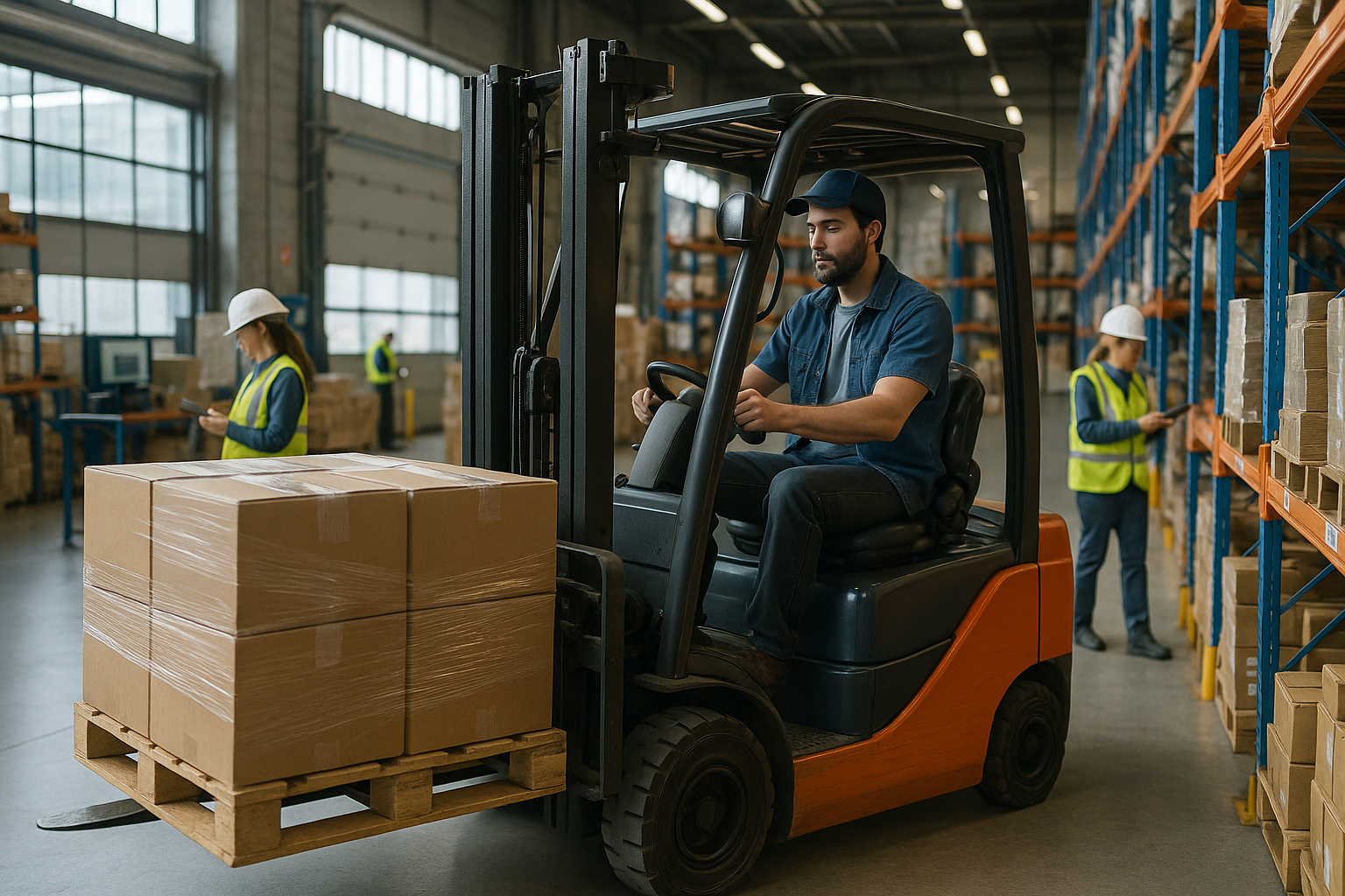 Targoncás munkák modern raktárban, precíz anyagmozgatás elektromos targoncával.