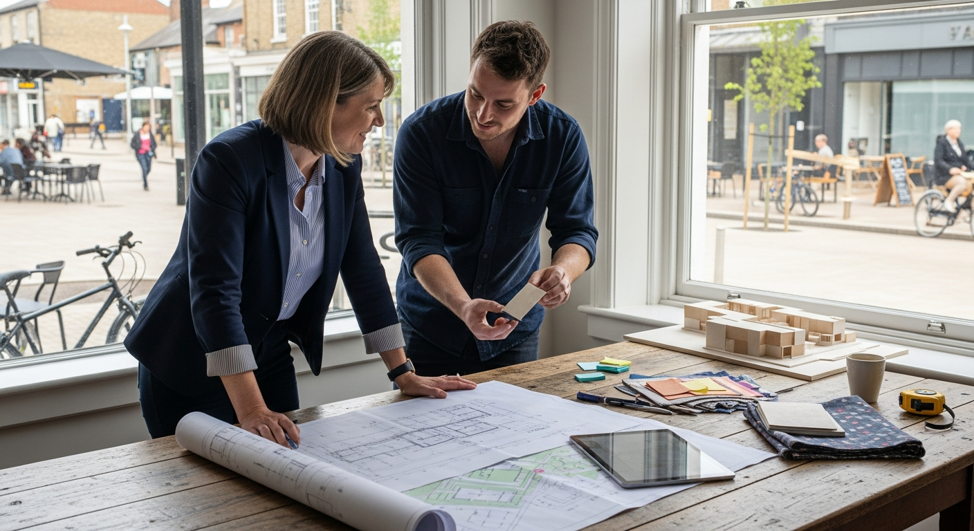 vállalkozásfejlesztés: önkormányzati tervező és vállalkozó tervrajzokat néznek
