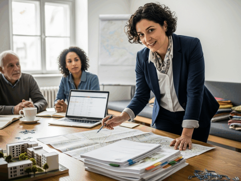 Női városfejlesztő térképet mutat városfejlesztési tanulmányok és publikációk