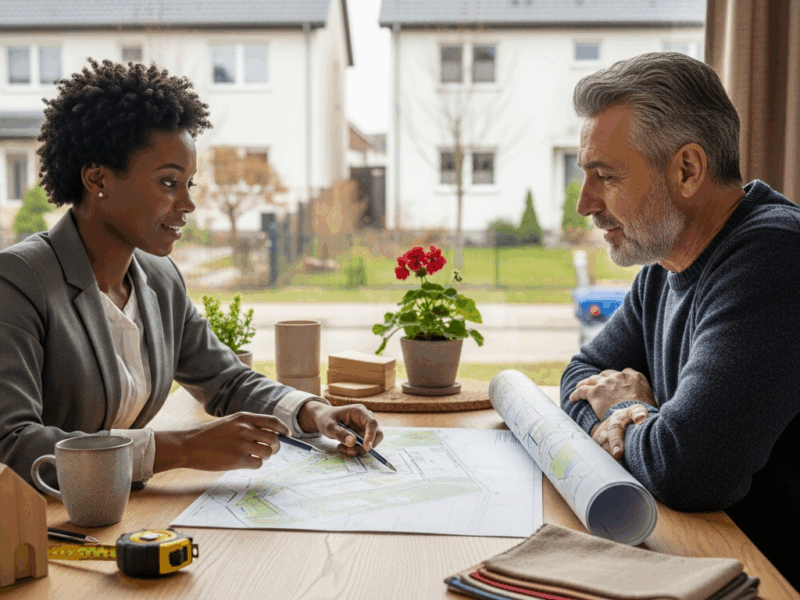 Tervező és háztulajdonos kertvárosi tervet néz — városi beépítési módok és biztonság