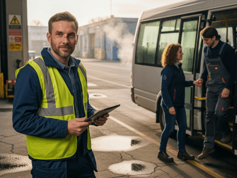 Céges buszjárat munkába járáshoz: raktárnál várakozó műszakvezető és kollégák