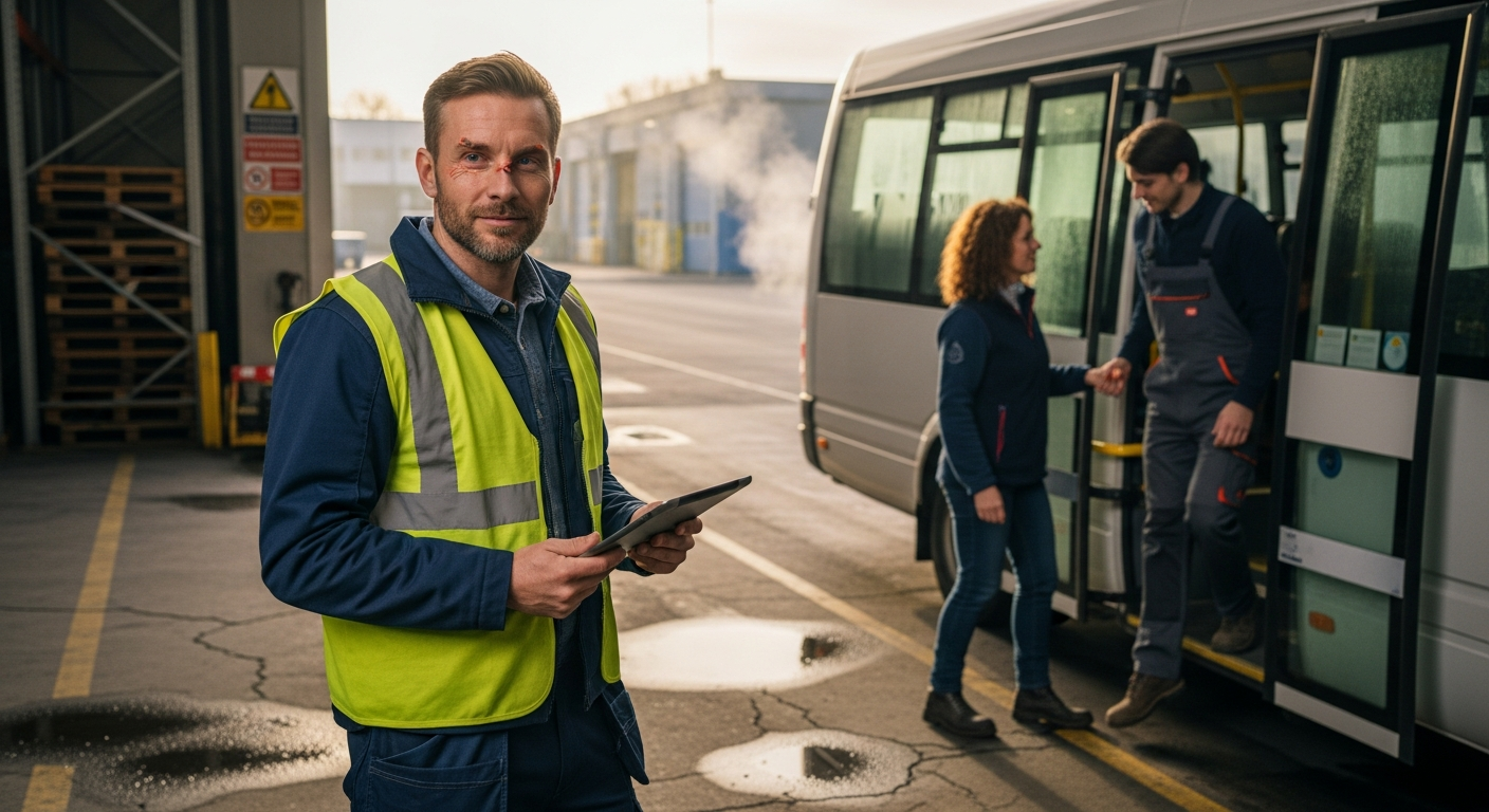 Céges buszjárat munkába járáshoz: raktárnál várakozó műszakvezető és kollégák