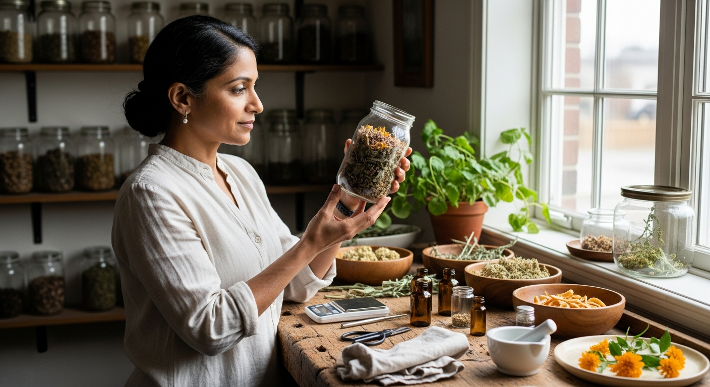 flavonoidok: gyógynövényes szakértő nő üveggel, málnalevél és narancsvirág