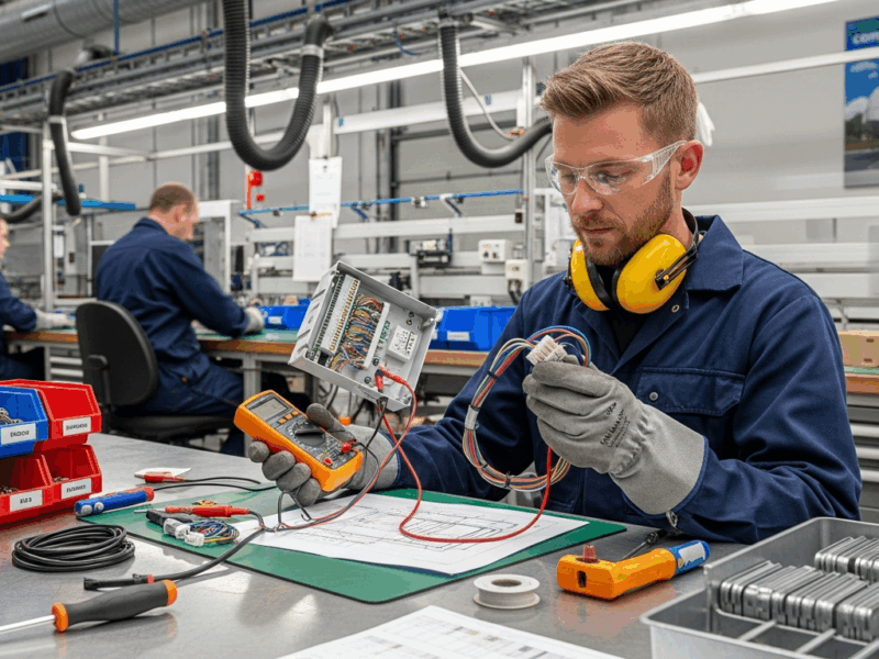 gyártási termék szerelése: elektromos szerelő ellenőrzi vezérlődobozt