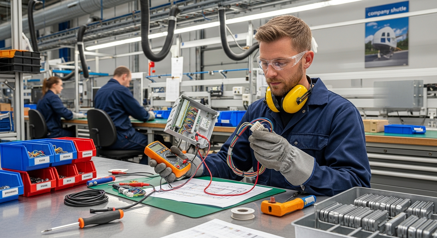 gyártási termék szerelése: elektromos szerelő ellenőrzi vezérlődobozt