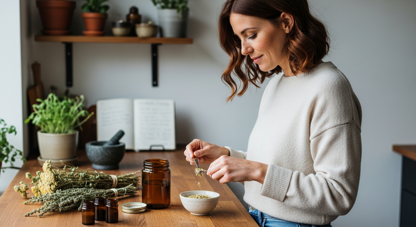 Fiatal nő gyógynövényteát készít természetes fogantatás támogatására.