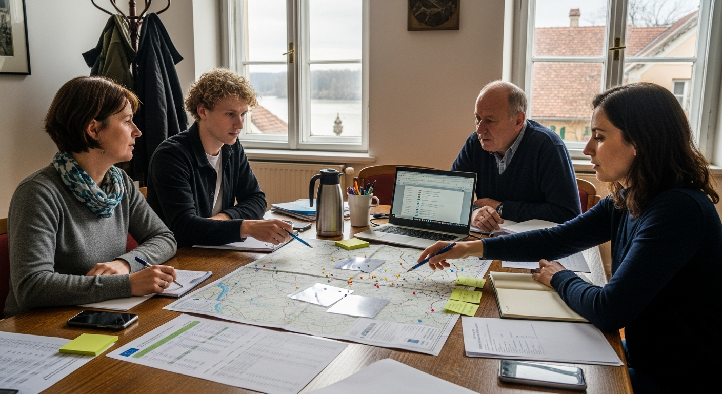 vállalkozásélénkítési stratégia megbeszélés térképpel, szakemberek a Dunakanyar ablakánál