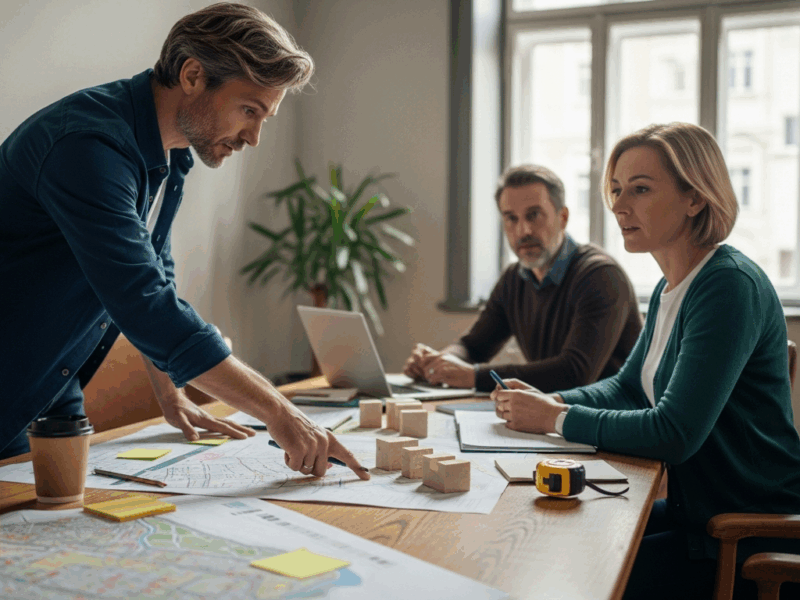 városrehabilitációs szakmai tartalom bemutatása: tervező térképeknél makettel és kollégákkal