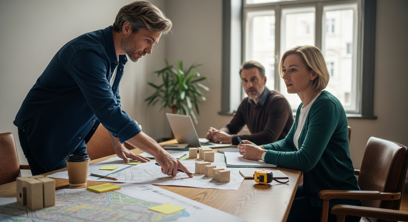városrehabilitációs szakmai tartalom bemutatása: tervező térképeknél makettel és kollégákkal