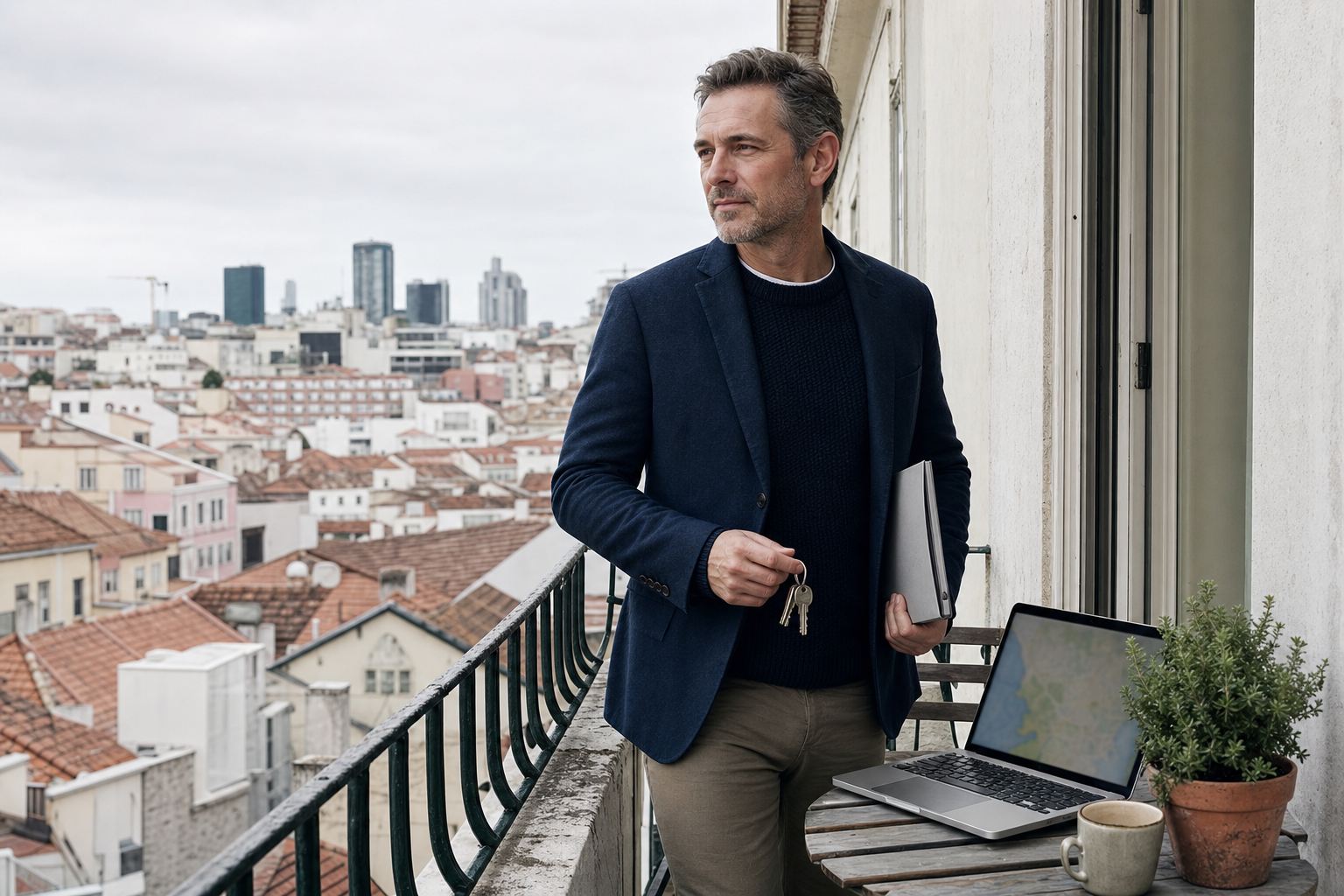 Középkorú befektető laptoppal és kulccsal a balkonnál, golden visa