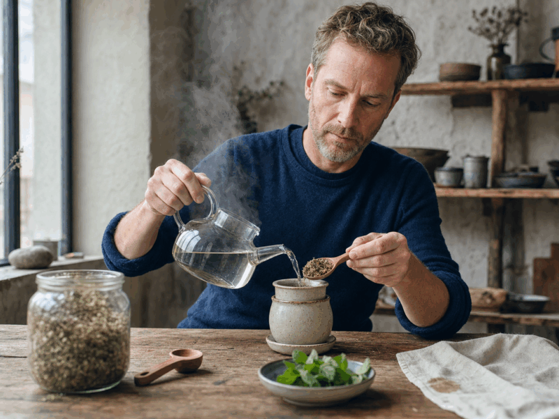 Férfi készít kisvirágú füzike tea keveréket gőzölgő bögrébe