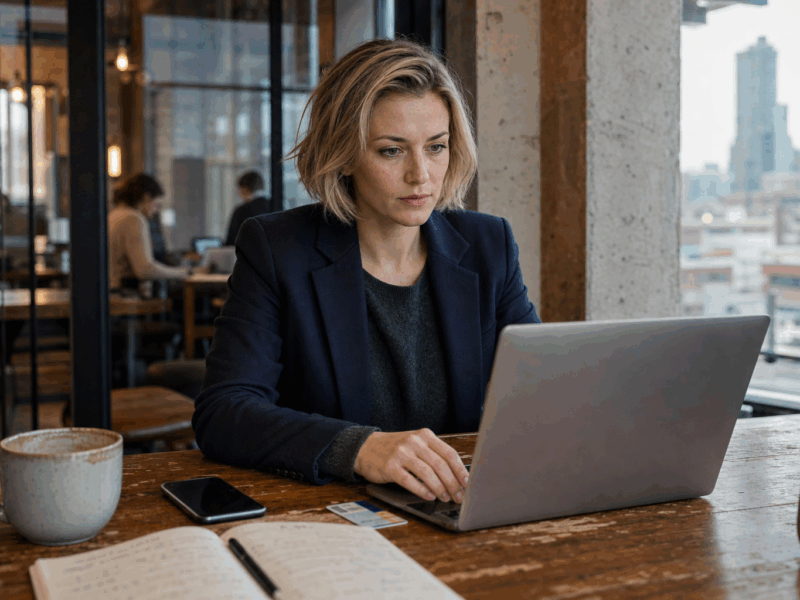 Női álláskereső coworking térben laptopnál, munkalehetőségek böngészése.