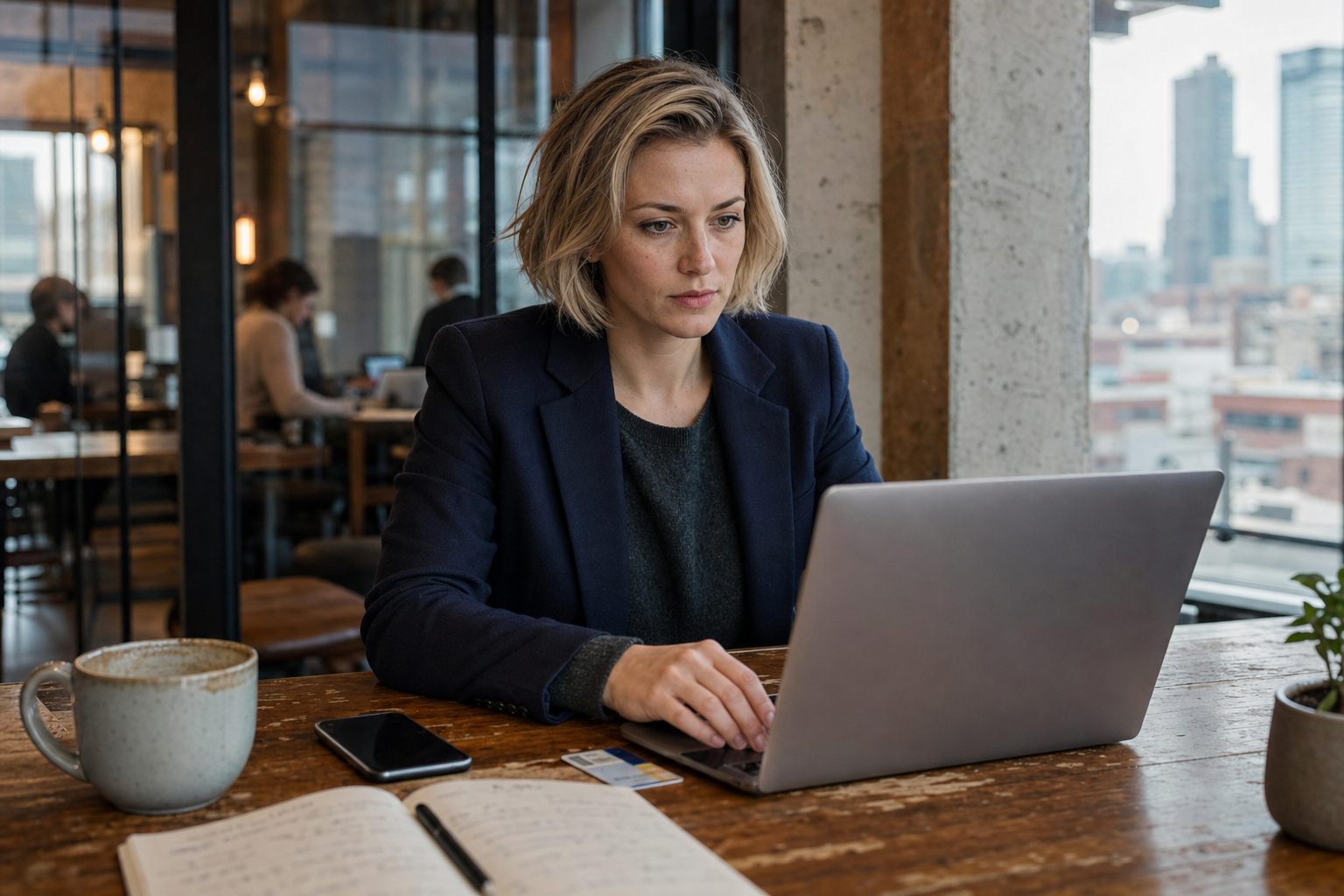 Női álláskereső coworking térben laptopnál, munkalehetőségek böngészése.