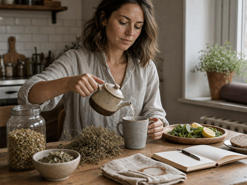 Nő készít gyógynövény tea menstruációra: kamilla, málnalevél, pásztortáska