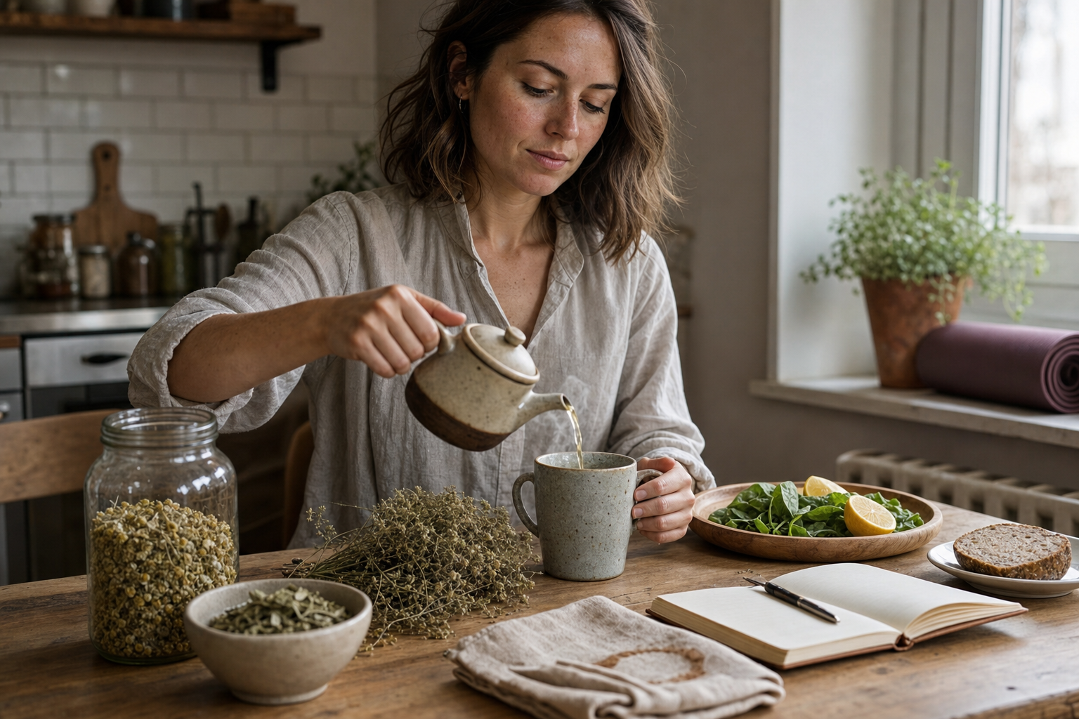 Nő készít gyógynövény tea menstruációra: kamilla, málnalevél, pásztortáska